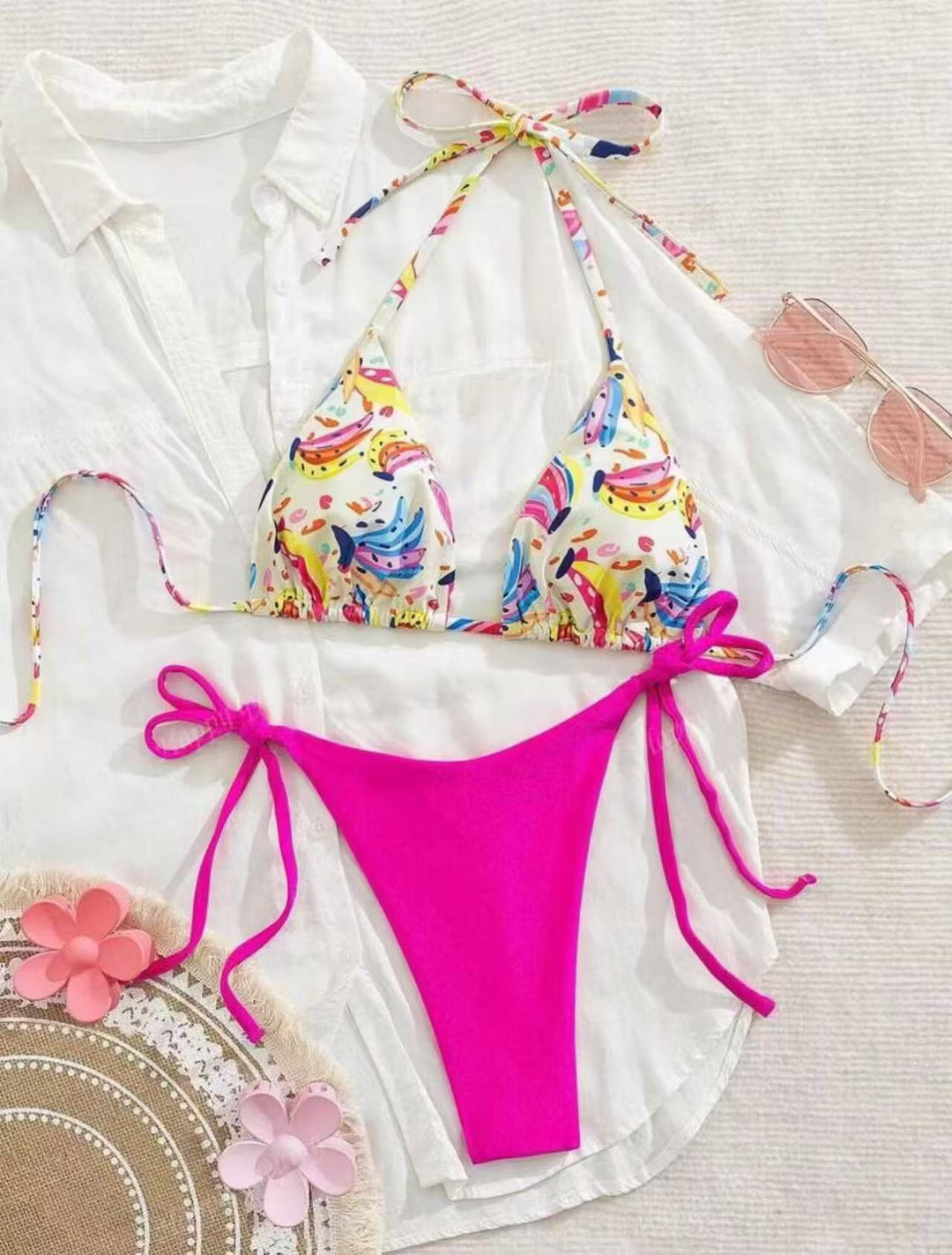 Damen Bikini-Set mit buntem Obstmuster und seitlichem Knoten R&B