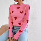 Damen nan kaschmirähnlicher Feinstrickpullover mit Allover-Herzmotiv, Rundhalsausschnitt und verlängerten Bündchen R&B
