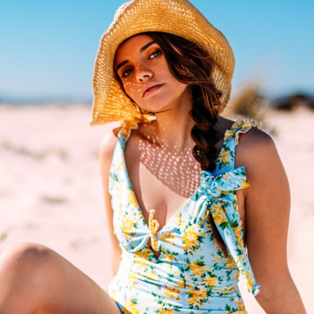 Damen Einteiliger Badeanzug mit Rüschen und floralem Design R&B