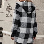 Damen Kuschelige Fleecejacke mit Karomuster und kapuziertem Design