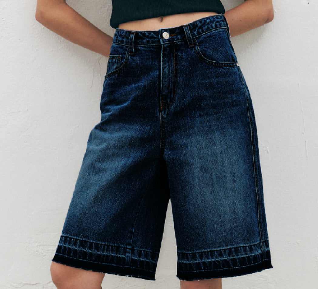 Damen Hoch taillierte Denim-Shorts mit weitem Bein und modischer Struktur R&B
