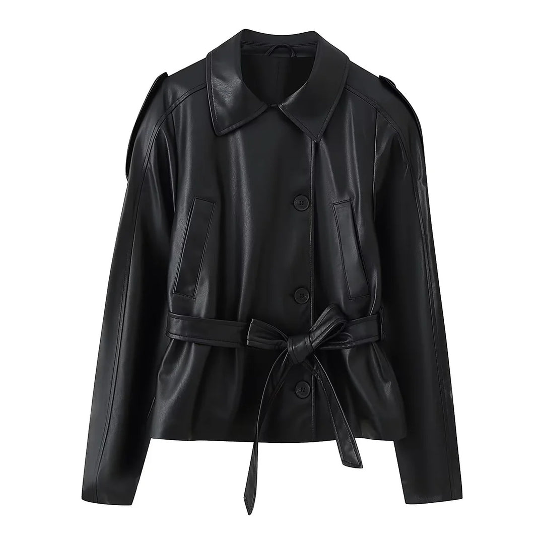 Damen Kunstlederjacke mit eleganten Knopfdetails und Gürteldesign R&B