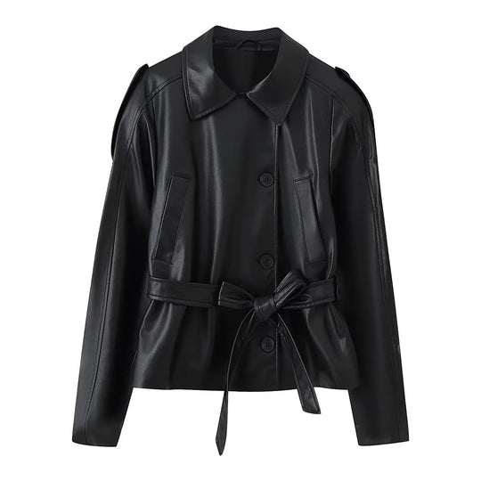 Damen Kunstlederjacke mit eleganten Knopfdetails und Gürteldesign R&B
