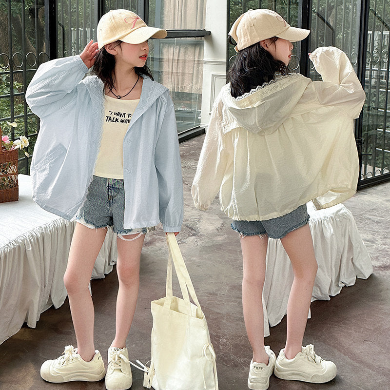 Damen nan leichte Kapuzenjacke mit Spitzenbesatz und weitem Schnitt R&B