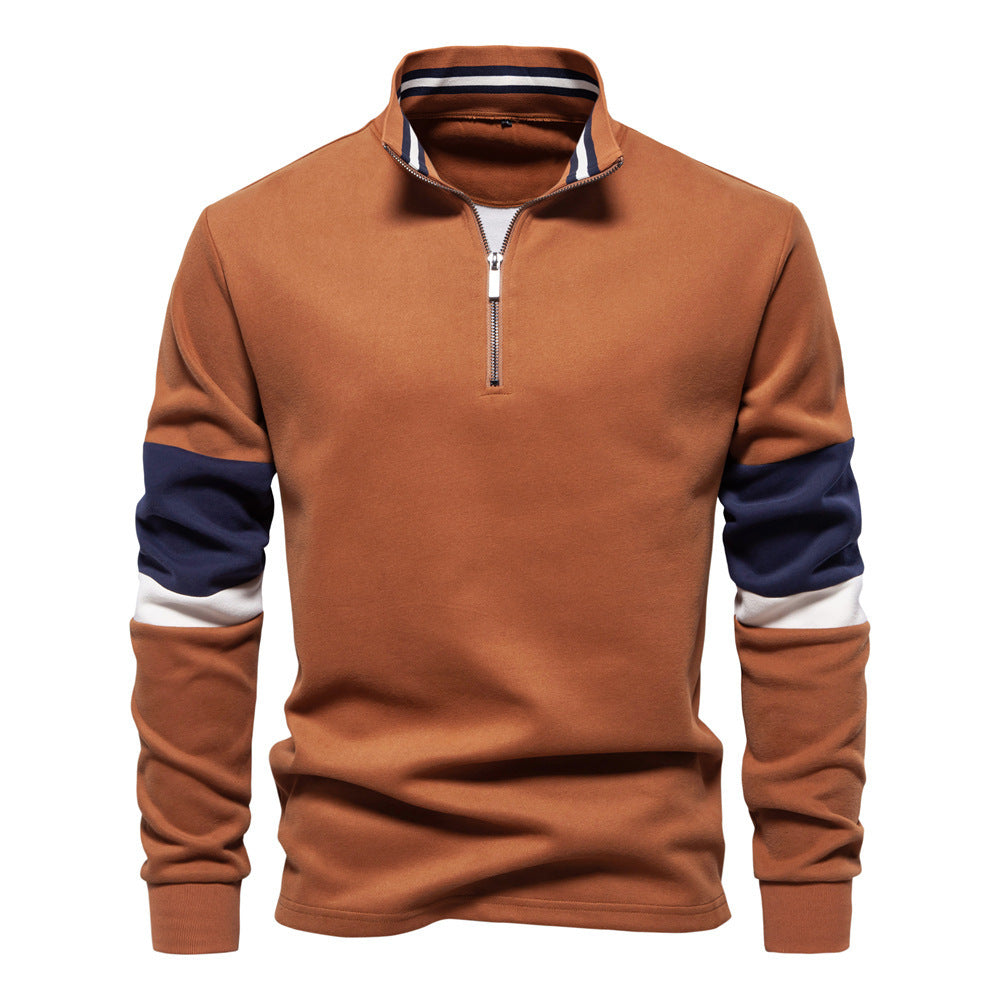 Herren nan Halbzip-Pullover mit Stehkragen, gestreiftem Krageninnenband und Kontrastärmeln R&B