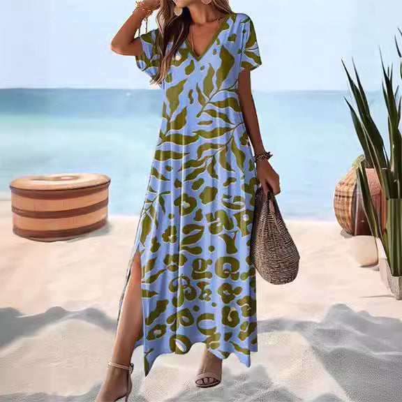 Damen Maxikleid mit tierischem Muster und seitlichem Schlitz R&B