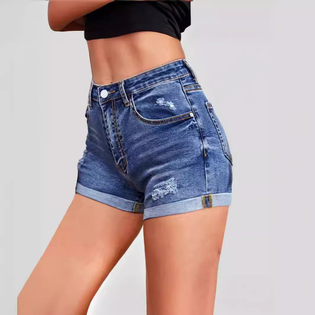 Damen Hoch geschnittene Denim-Shorts mit stylischen Distressed-Details R&B