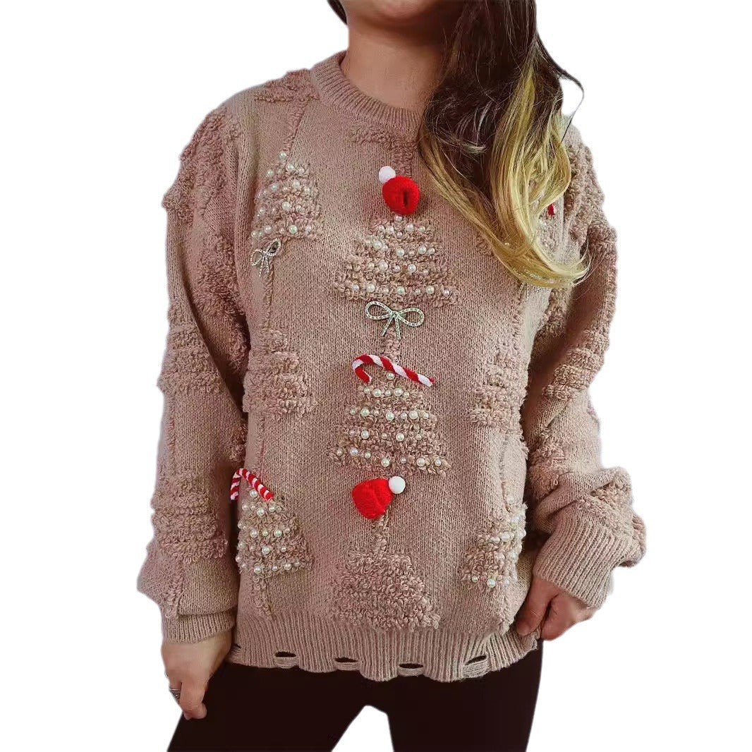 Damen festlicher Pullover mit kreativen Weihnachtsmotiven und strukturiertem Design R&B