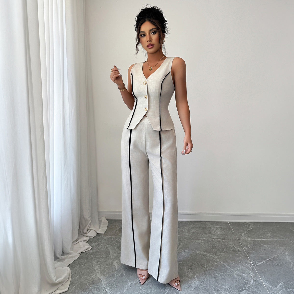 Damen elegante Hose-Anzug mit tailliertem Oberteil und Knopfdetails R&B