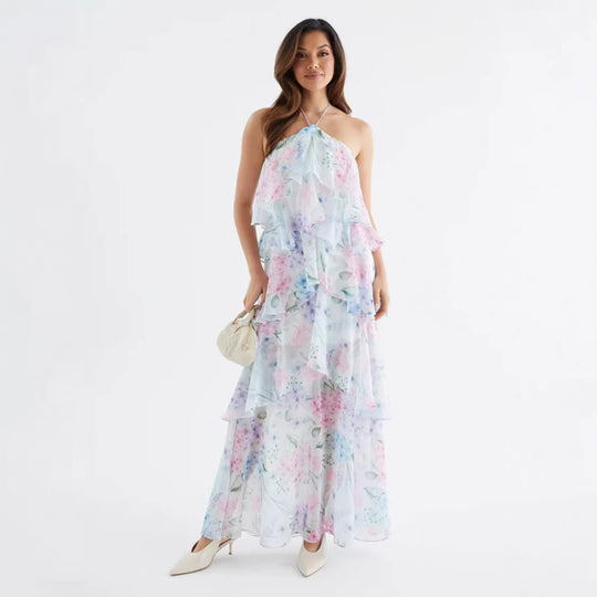 Damen Maxikleid mit schwingenden Volants und modernen Punkten R&B