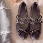 Damen Ballerina-Schuhe mit dekorativer Schleifenapplikation und doppeltem Riemendesign