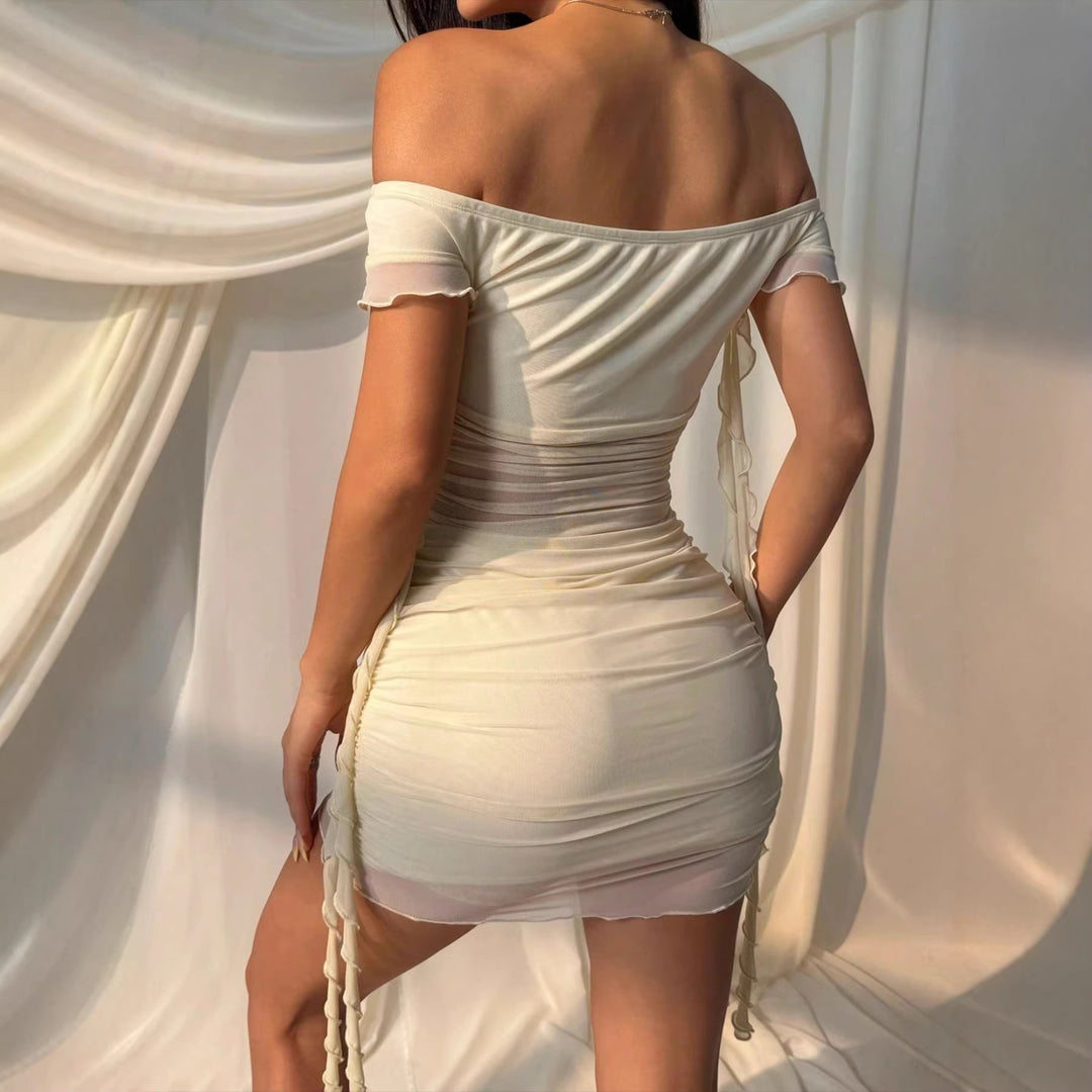 Damen Off-Shoulder Minikleid mit raffinierten Drapierungsdetails und verspielten Schnürungen R&B