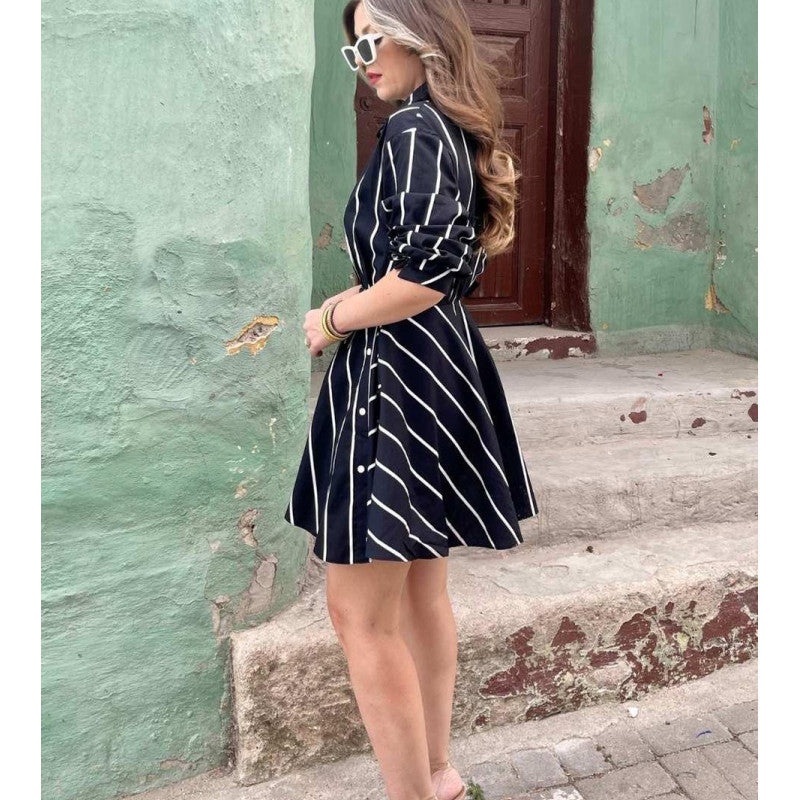 Damen Casual Hemdkleid mit asymmetrischem Rock und Streifen R&B