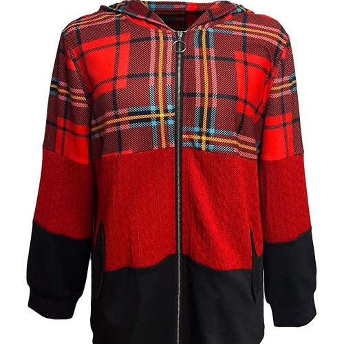 Damen nan lange Kapuzenjacke im Patchwork-Stil mit Karo‑ und Strickeinsätzen, Frontreißverschluss und Eingrifftaschen R&B