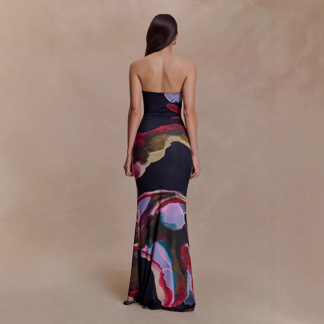 Damen Strapless Maxikleid mit fließendem Stoff und kunstvollem Druck R&B