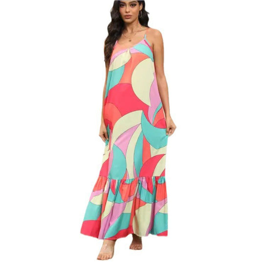 Damen Maxikleid mit farbenfrohem Mustermix und voluminösem Rock R&B