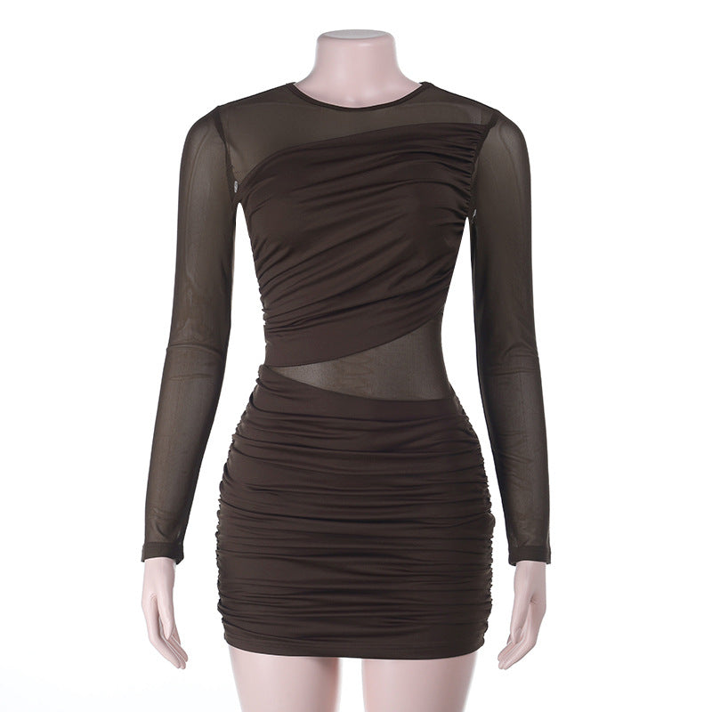 Damen figurbetontes Minikleid mit Raffung und transparenten Einsätzen