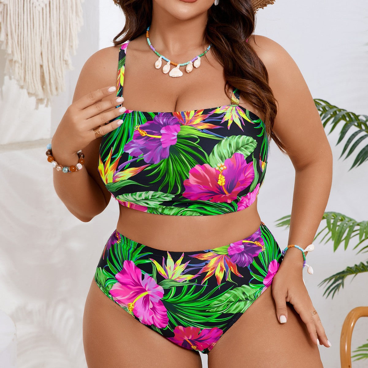 Damen Bandeau-Bikini mit floralem und tierischem Muster R&B