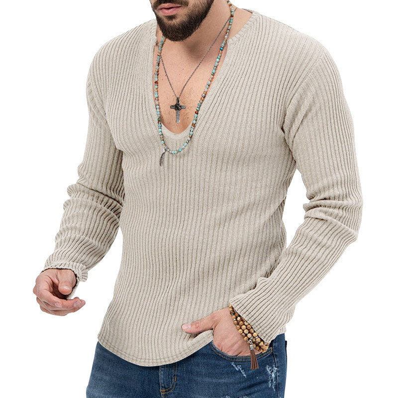 Herren Langarm-Rippenpullover mit tiefem V-Ausschnitt und modernem Schnitt R&B
