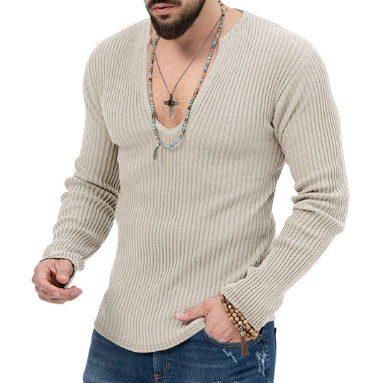 Herren Langarm-Rippenpullover mit tiefem V-Ausschnitt und modernem Schnitt R&B
