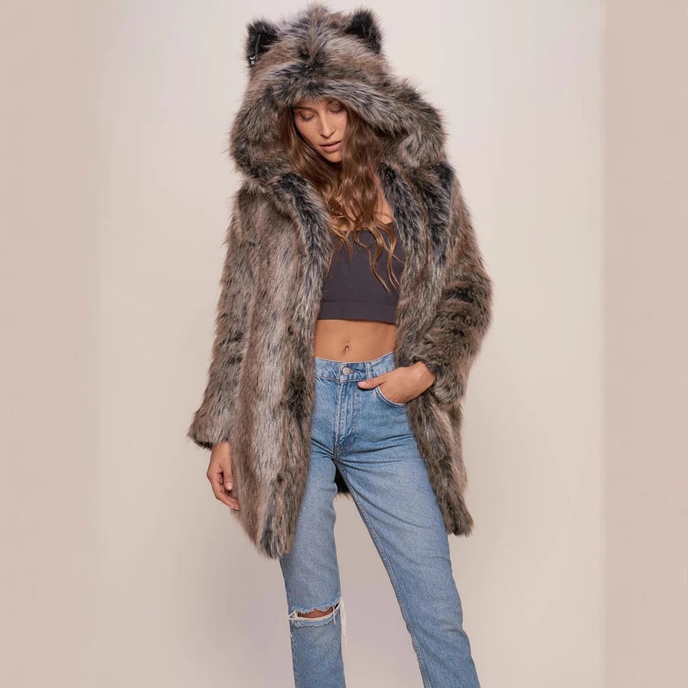 Damen Hooded Faux-Fur-Mantel mit Ohrenschützer