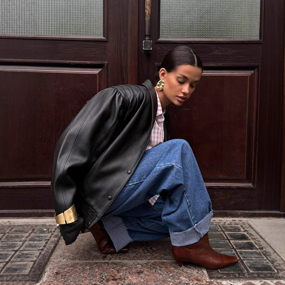 Damen lässige Kunstlederjacke mit voluminösen Ärmeln R&B
