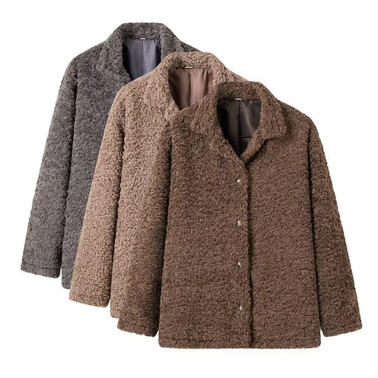 Damen kuschelige Fleecejacke mit Knopfverschluss und hohen Kragen R&B
