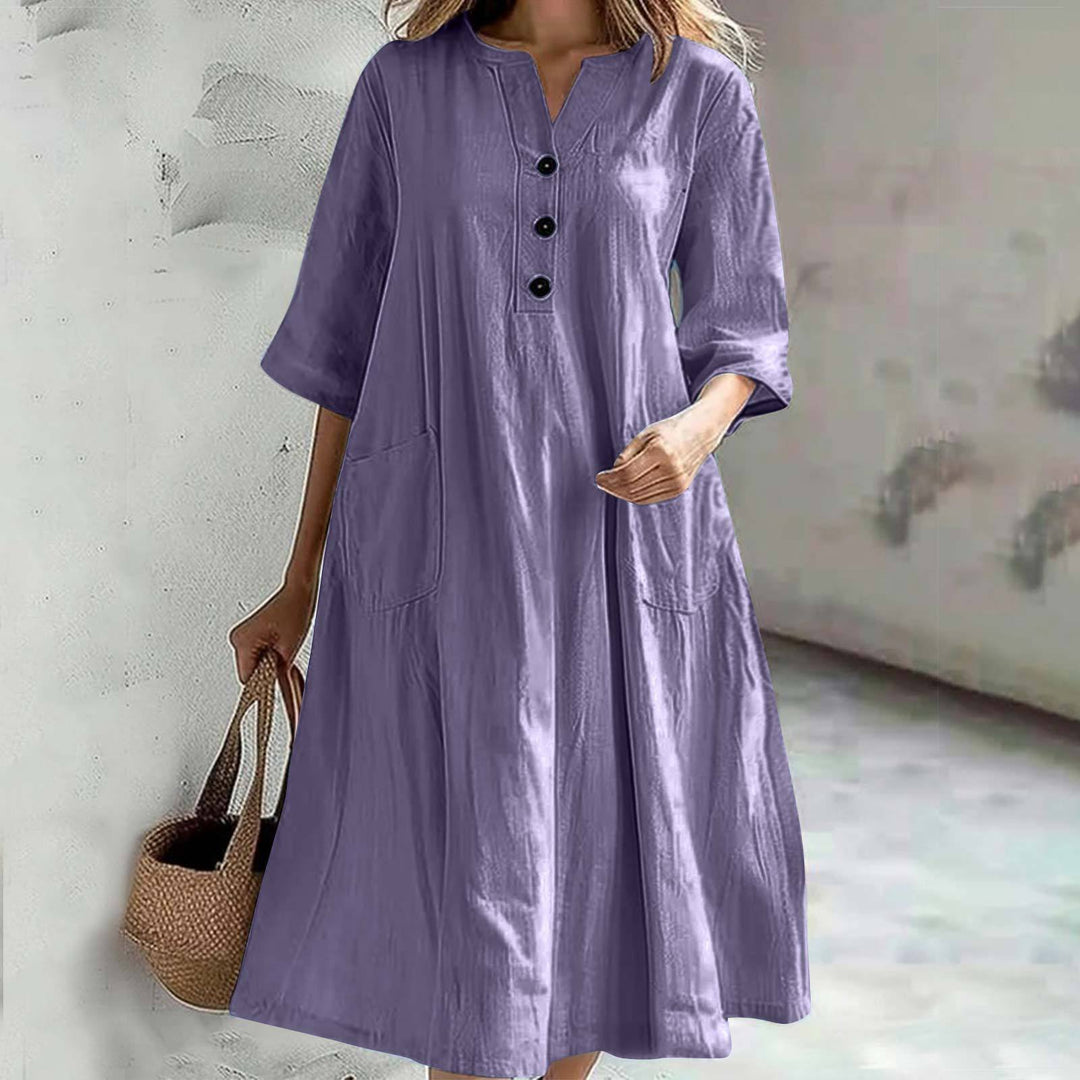 Damen lässiges Leinenkleid mit praktischen Taschen und Knopfdetails R&B