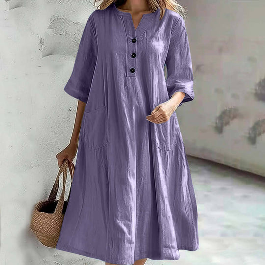 Damen lässiges Baumwollkleid mit Knopfleiste und praktischen Taschen R&B