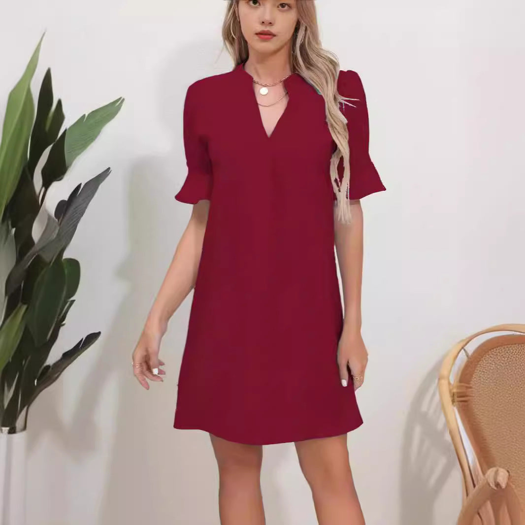Damen Elegantes Kurzarm-Kleid mit V-Ausschnitt und Schößchen R&B