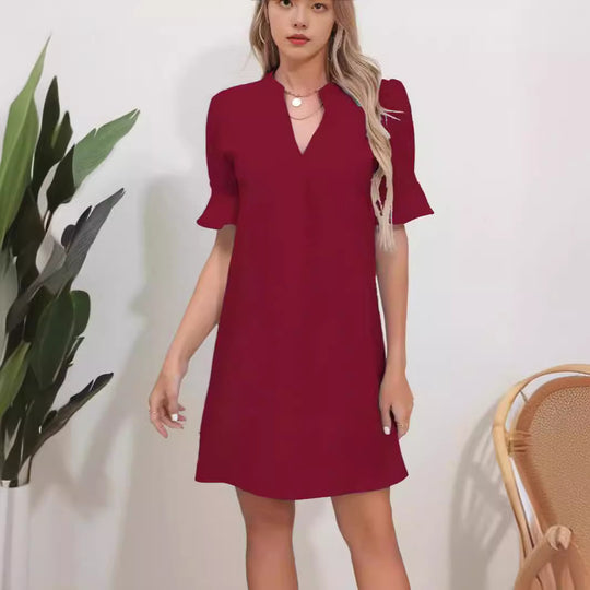 Damen Elegantes Kurzarm-Kleid mit V-Ausschnitt und Schößchen R&B