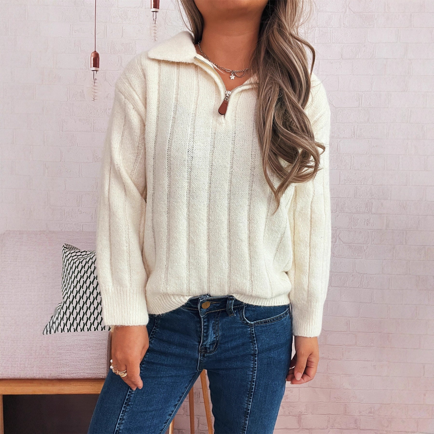 Damen Strickpullover mit kurzer Reißverschlussleiste und Wellenstruktur R&B