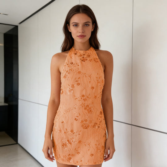 Damen Hochgeschlossenes Pailletten-Minikleid mit floralen Akzenten R&B
