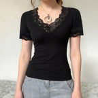 Damen Elegantes Spitzen-T-Shirt mit V-Ausschnitt und Kurzarm R&B