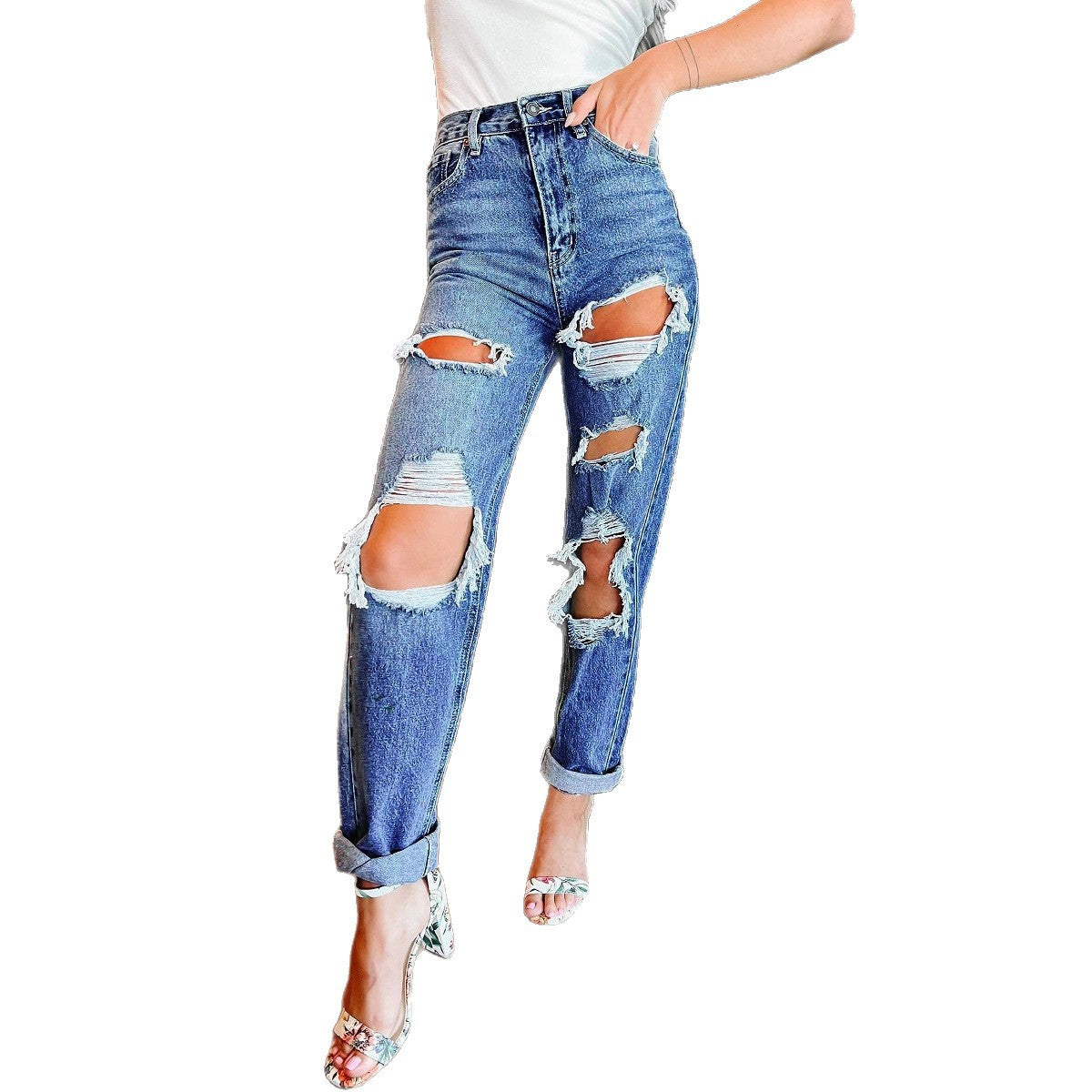 Damen Ripped High-Waist Jeans im lässigen Boyfriend-Schnitt R&B