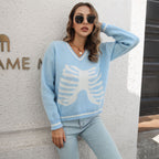 Damen Strickpullover mit kreativem Rippenmuster und V-Ausschnitt R&B