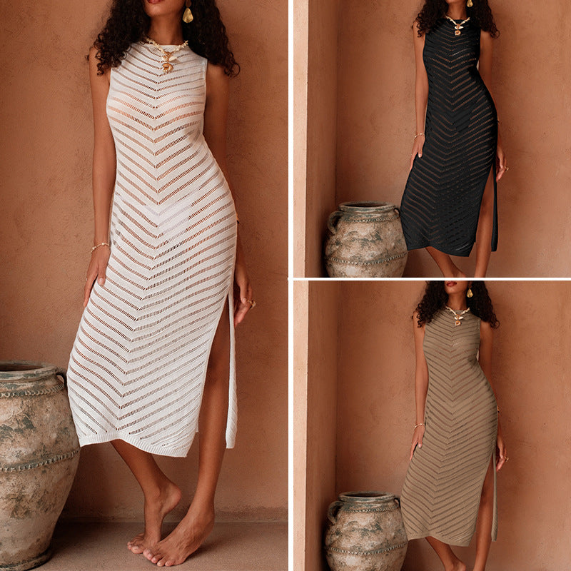 Damen Elegantes Strick-Maxikleid mit asymmetrischem Saum und seitlichem Schlitz R&B