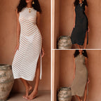 Damen Elegantes Strick-Maxikleid mit asymmetrischem Saum und seitlichem Schlitz EB