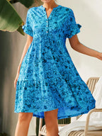 Damen lässiges Blumenkleid mit Knopfleiste und Rüschendetails R&B