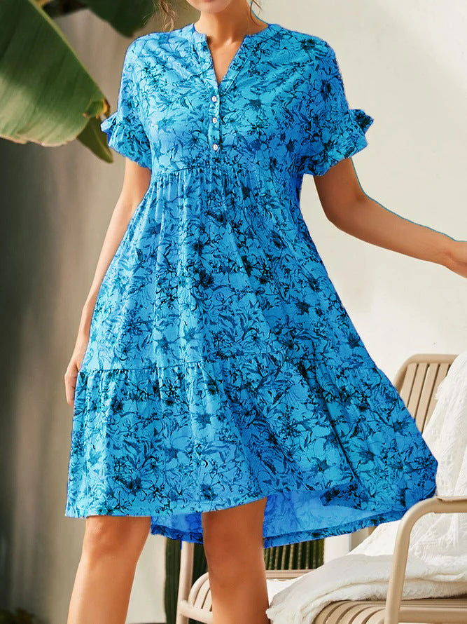 Damen lässiges Blumenkleid mit Knopfleiste und Rüschendetails R&B