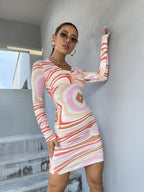 Damen Figurbetontes Langarmkleid mit einzigartigem Muster R&B