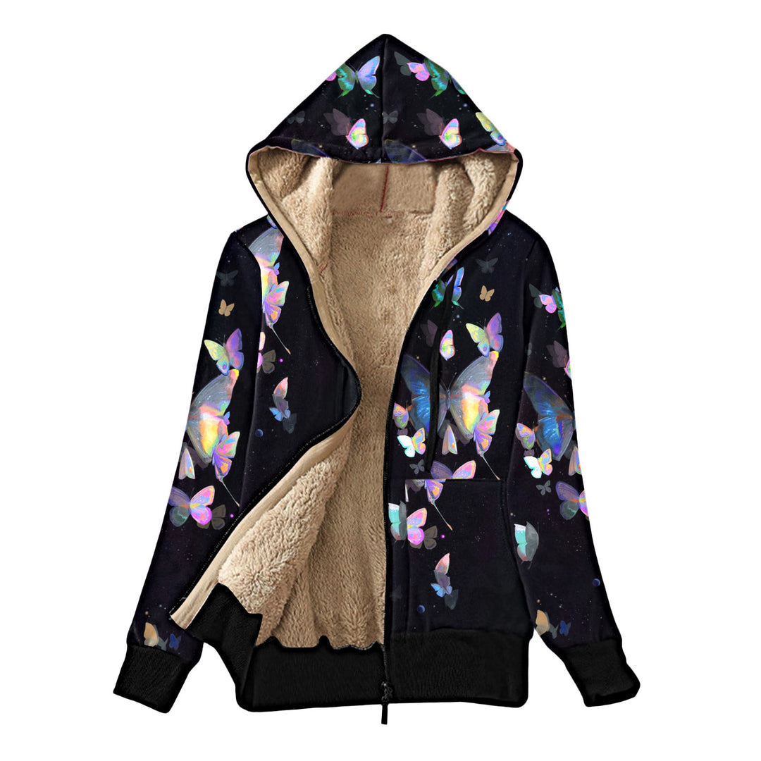 Damen Kuscheljacke mit Kapuze und buntem Schmetterlingsdesign R&B
