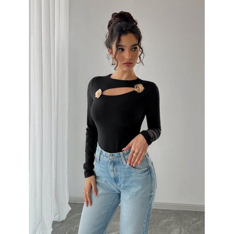 Damen Elegantes Langarm-Bodysuit mit dekorativen Blumenakzenten R&B