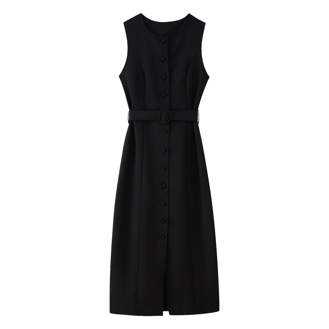 Damen ärmelloses Wickelkleid mit Knopfverschluss und Taillengürtel R&B