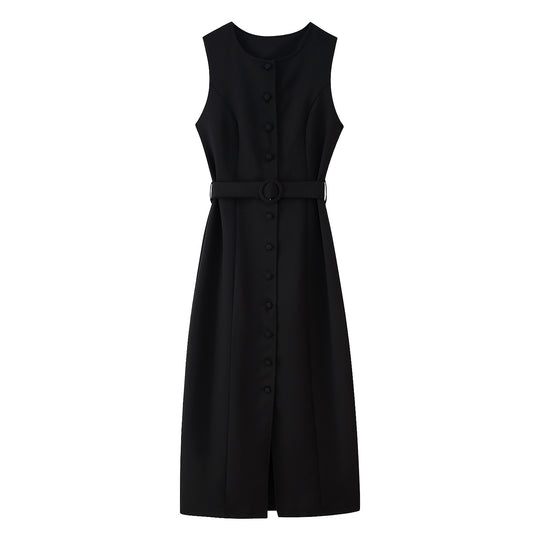 Damen ärmelloses Wickelkleid mit Knopfverschluss und Taillengürtel R&B