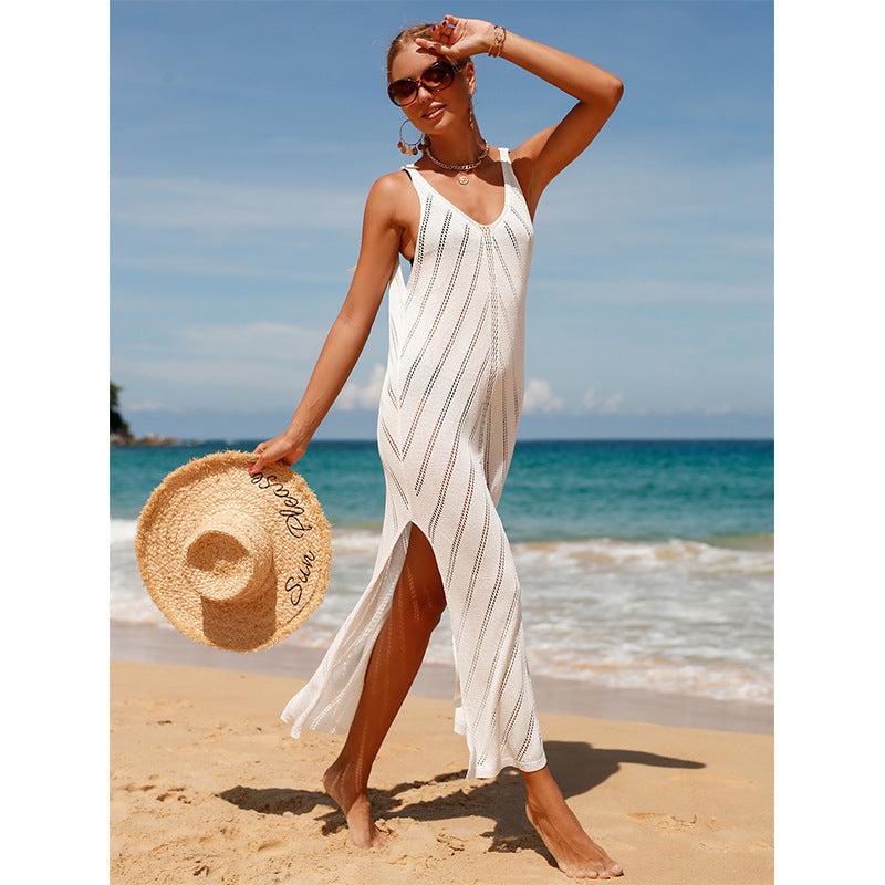 Damen transparentes Häkel-Strandkleid mit hohem Schlitz und stylischem Schnitt R&B