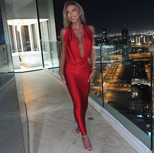 Damen sexy Abendkleid mit tiefem V-Ausschnitt und fließendem Schnitt R&B