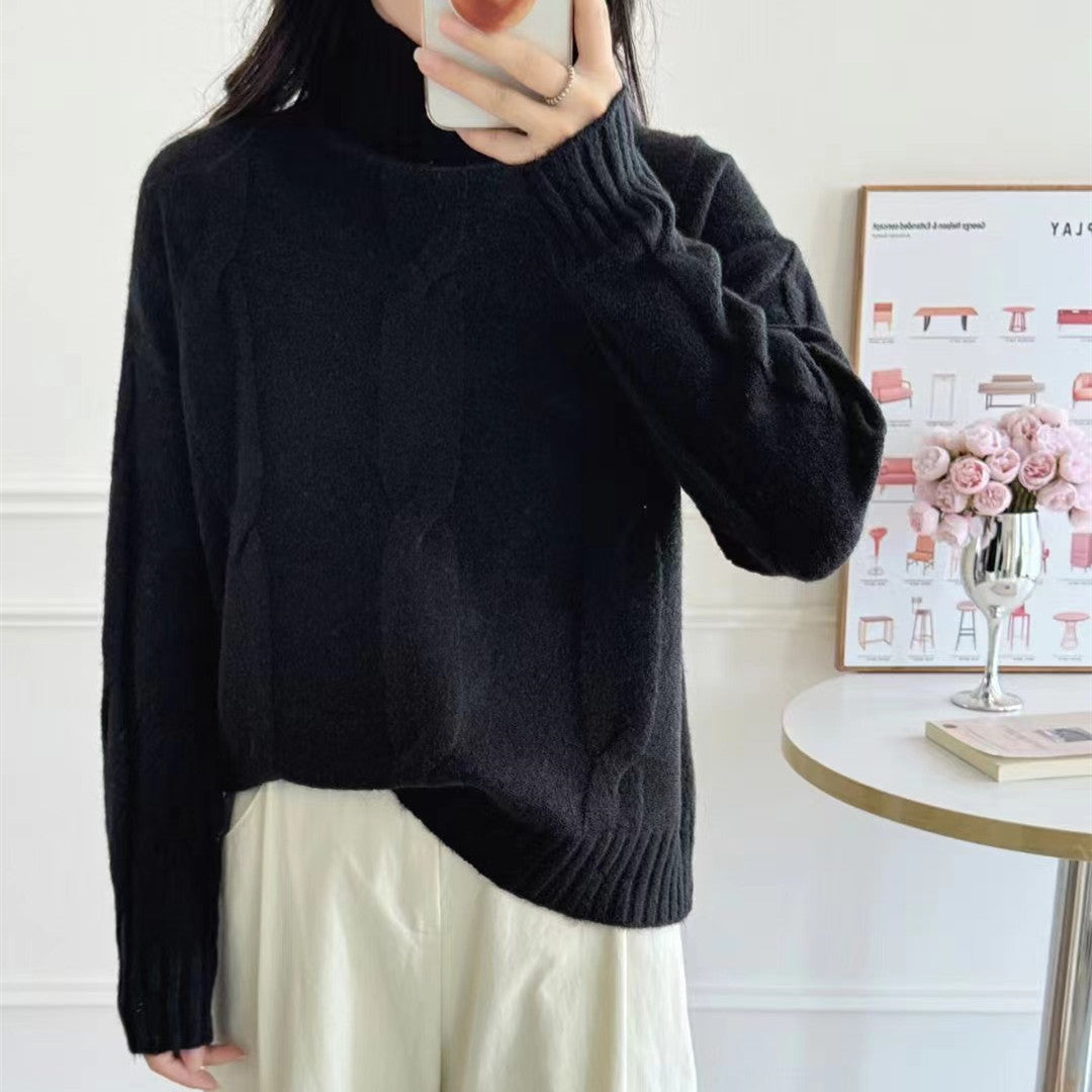 Damen Strickpullover mit hohem Kragen und Zopfmuster R&B