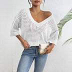 Damen luftiger Strickpullover mit V-Ausschnitt und dekorativem Lochmuster R&B
