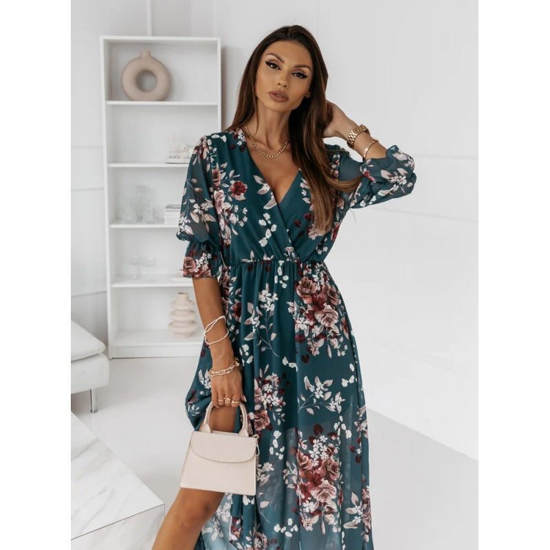Damen elegantes Maxikleid mit animalischen Mustern und modischem Schlitz R&B